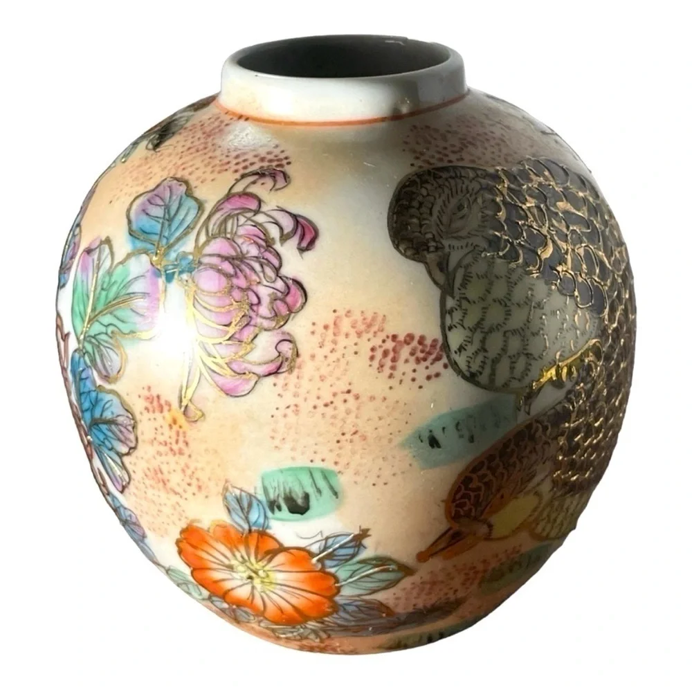 Vintage Chinese Export Partridge Chrysanthemum Hand-Painted Porcelain Vase